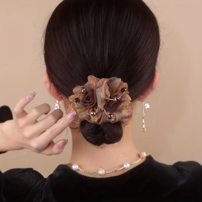 Vintage Scrunchies Mesh Flower Beaded Hair Rie Elegant Hair Rope For Ponytail Bun Holder Women Girls Hair Accessories S