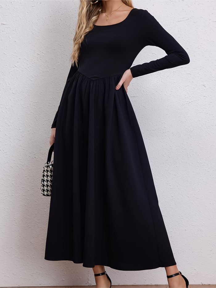 Solid Scoop Neck Maxi Dress, Casual Long Sleeve Versatile Dress