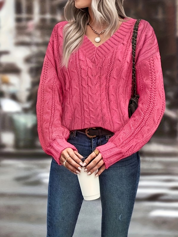 Solid V Neck Cable Knit Sweater, Casual Long Sleeve Sweater For Fall & Winter