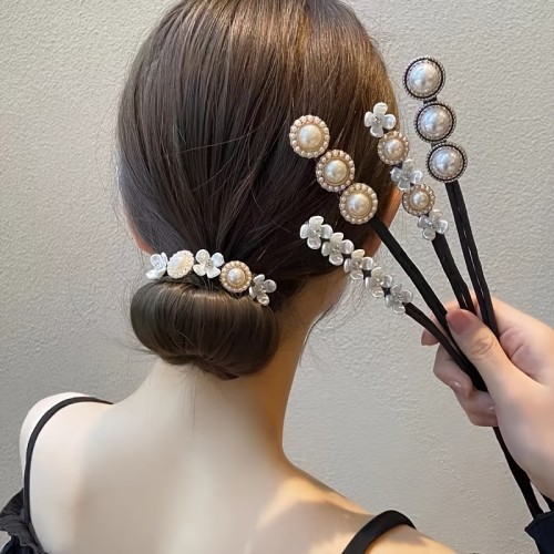 Rhinestone Magic Hair Bun Maker - Elegant Headdress Hair Curler with Peal and Flower - Stylish Hair Accessory for Women