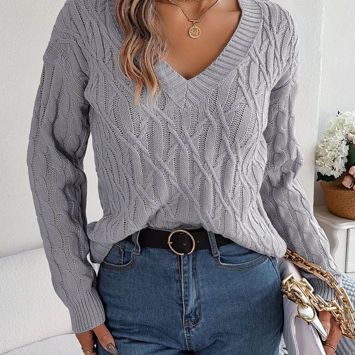 Solid V Neck Cable Knit Sweater, Casual Long Sleeve Soft Sweater