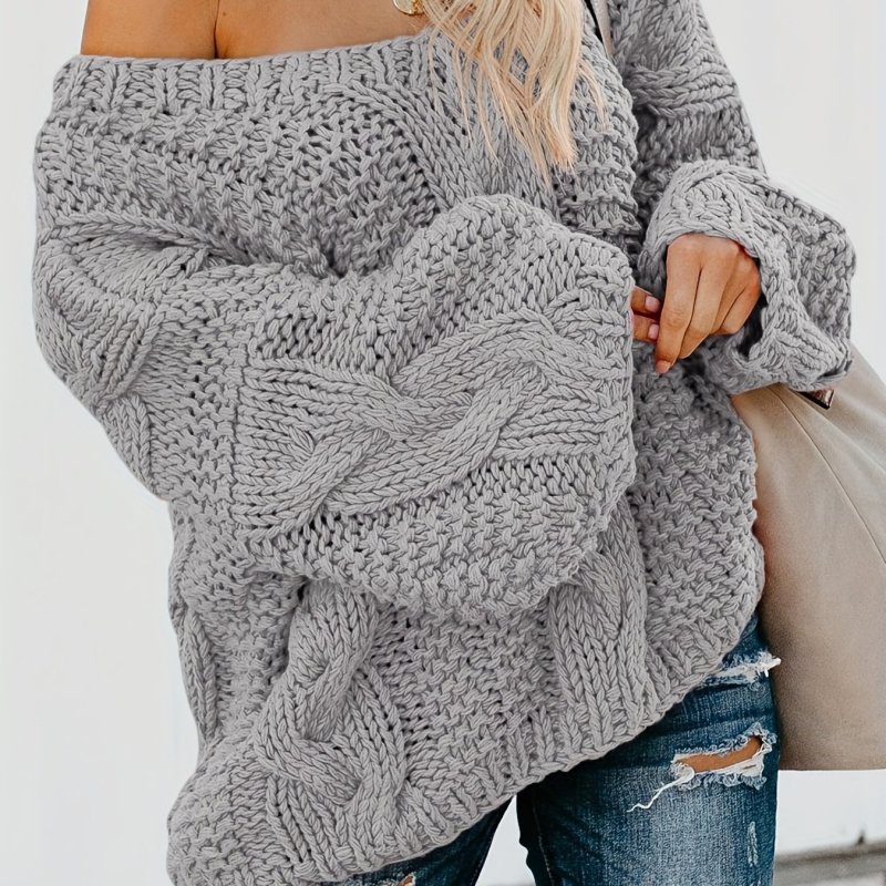 Solid V Neck Cable Knit Sweater, Casual Long Sleeve Oversized Sweater For Fall & Winter