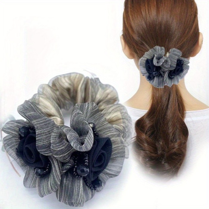 Vintage Scrunchies Mesh Flower Beaded Hair Rie Elegant Hair Rope For Ponytail Bun Holder Women Girls Hair Accessories S