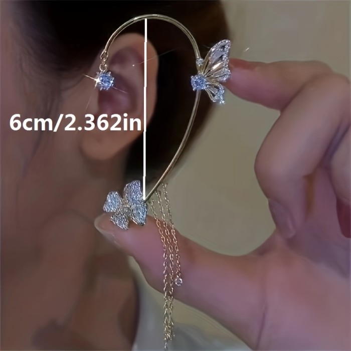 Exquisite Butterfly Design With Shiny Zircon Decor Chain Design Ear Wrap Sexy Y2K Style Copper Jewelry Wedding Bride Ornaments