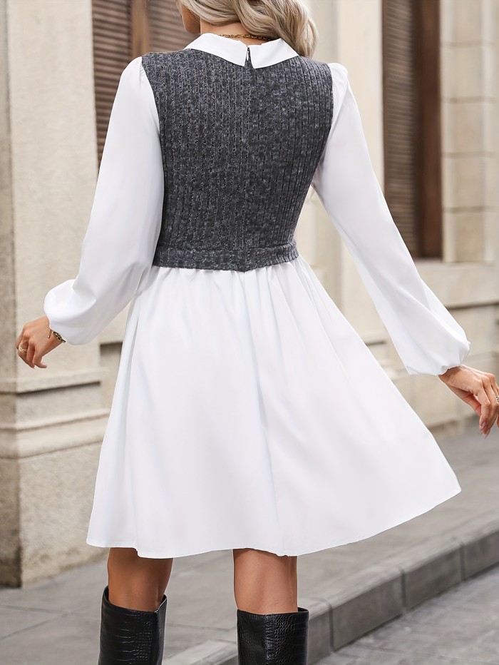 Color Block Stitching Dress, Elegant Long Sleeve Button Down Dress