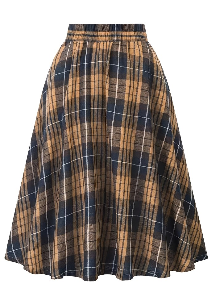 High Waist Button Plaid Ruffled Hem Skirt, Vintage Loose Stylish Midi Skirt