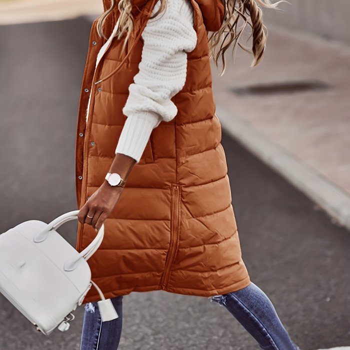 Hooded Sleeveless Coat, Casual Long Length Versatile Winter Warm Outerwear, Women's Clothing