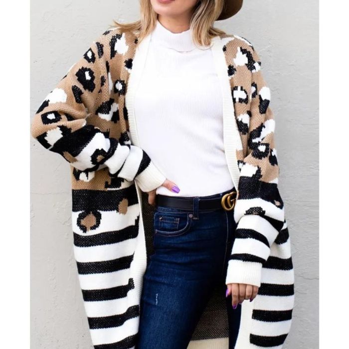 Striped Leopard Pattern Knit Cardigan, Casual Open Front Long Sleeve Sweater Coat, Women's Clothing