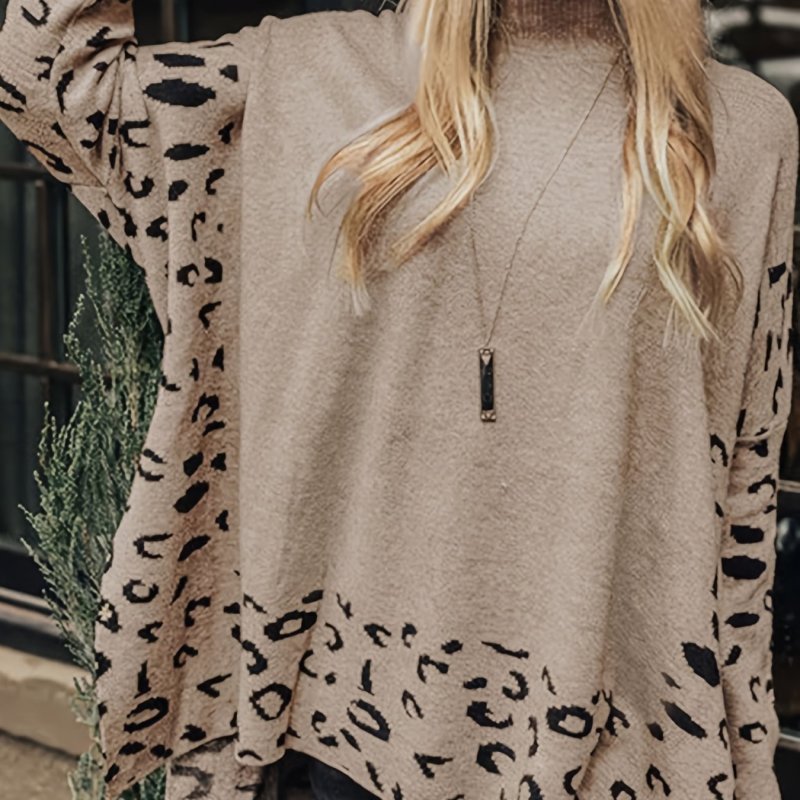 Loose Leopard Turtle Neck Sweater, Casual Long Sleeve Sweater, Casual Tops For Fall & Winter, Women's Clothing