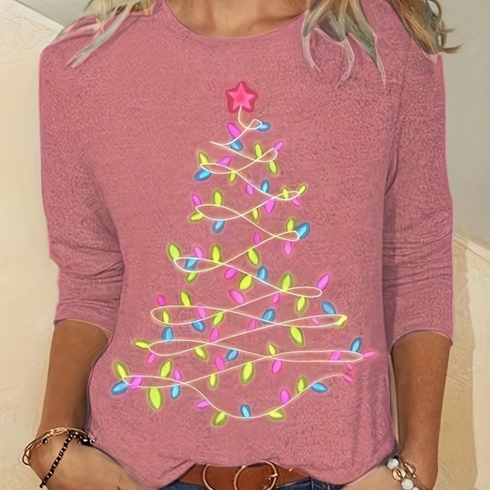 Christmas Tree Print Crew Neck T-Shirt, Casual Long Sleeve T-Shirt For Spring & Fall