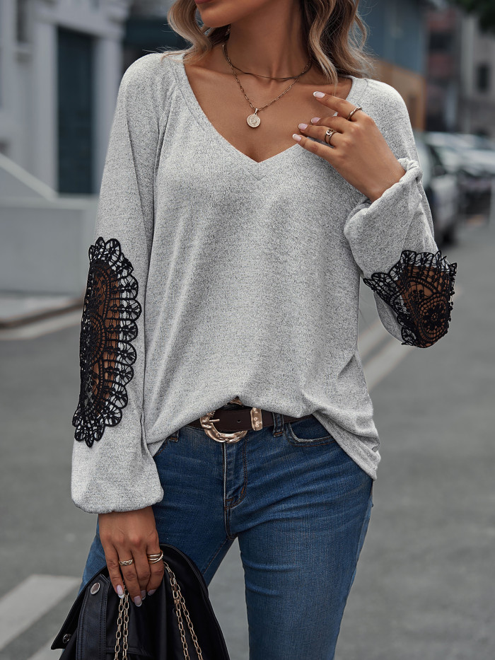 Lace Patch V-Neck Shirt, Loose-Fit Oversized Top With Lace Elbow Patches, Casual Tops For Fall & Winter, Women's Clothing