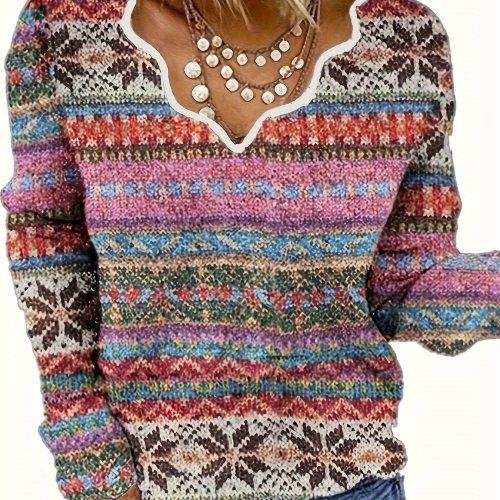 Ethnic Pattern V Neck Pullover Sweater, Vintage Long Sleeve Loose Thin Sweater, Women's Clothing