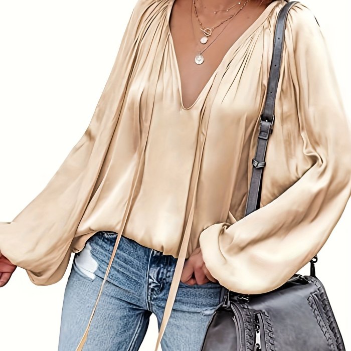 Solid Tie Neck Pleated Blouse, Casual Long Sleeve Blouse For Spring & Fall, Women's Clothing