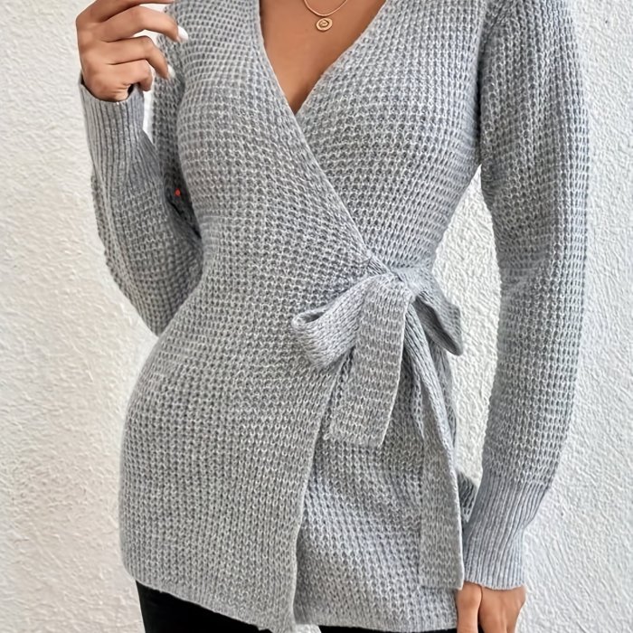 Solid Surplice Neck Belted Cardigan, Casual Long Sleeve Sweater For Fall & Winter, Women's Clothing