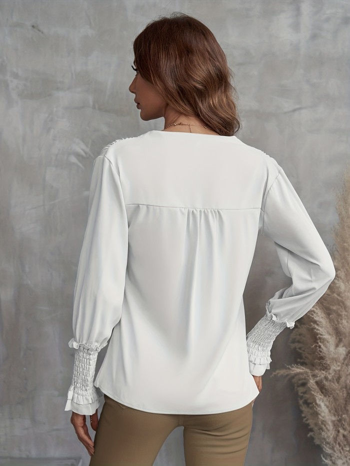 Solid V-neck Shirred Trim Blouse, Elegant Long Sleeve Blouse For Spring & Fall, Women's Clothing