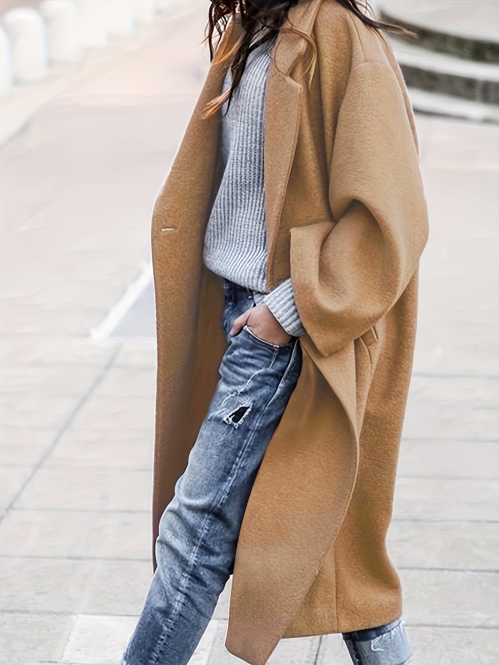 Plus Size Elegant Coat, Women's Plus Solid Long Sleeve Lapel Collar Single Breasted Longline Overcoat