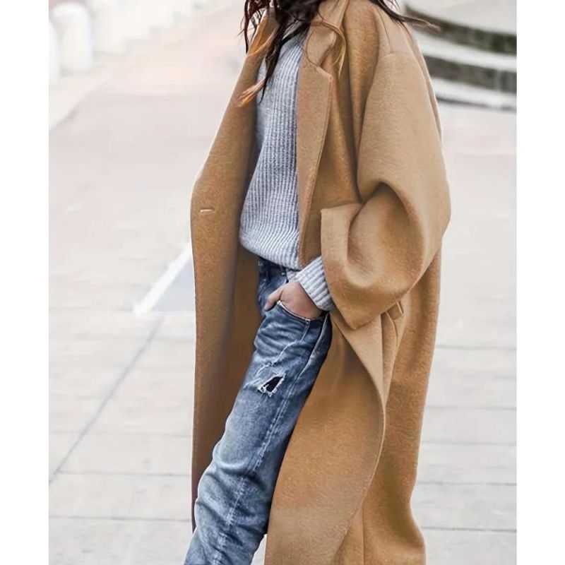 Plus Size Elegant Coat, Women's Plus Solid Long Sleeve Lapel Collar Single Breasted Longline Overcoat