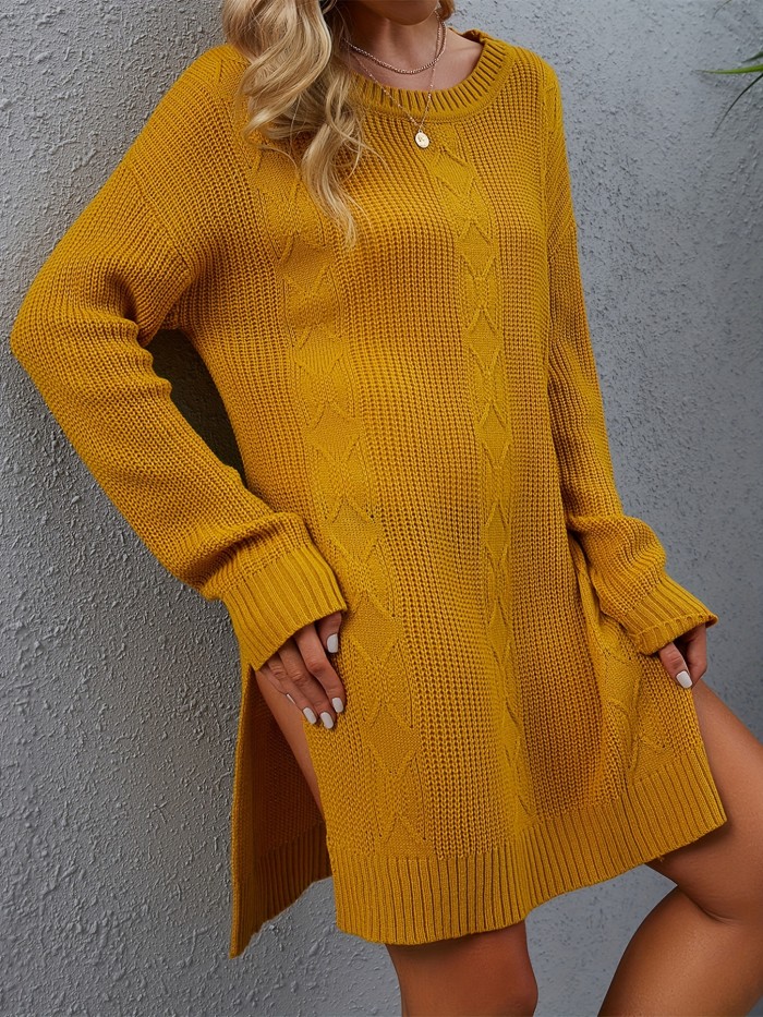 Split Mid Length Knit Sweater, Casual Crew Neck Long Sleeve Sweater, Women's Clothing