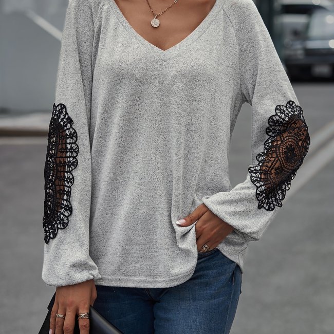 Lace Patch V-Neck Shirt, Loose-Fit Oversized Top With Lace Elbow Patches, Casual Tops For Fall & Winter, Women's Clothing