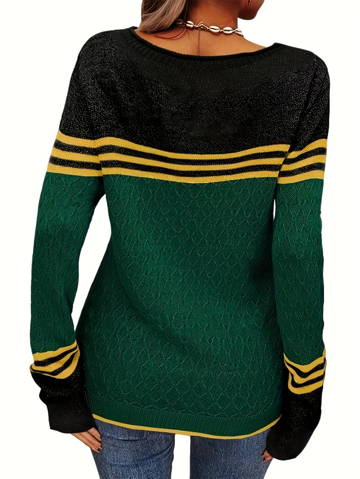 Color Block Boat Neck Knitted Top, Casual Long Sleeve Pullover Sweater For Fall & Winter, Women's Clothing