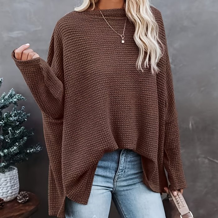 Women's Casual Off Shoulder Bat Long Sleeve Waffle Knitted Oversized Pullover Sweater, Casual Tops For Fall & Winter, Women's Clothing