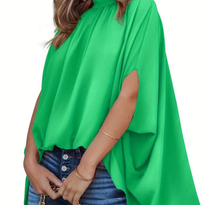 Solid Batwing Sleeve Blouse, Casual Ruched High Collar Loose Blouse, Women's Clothing