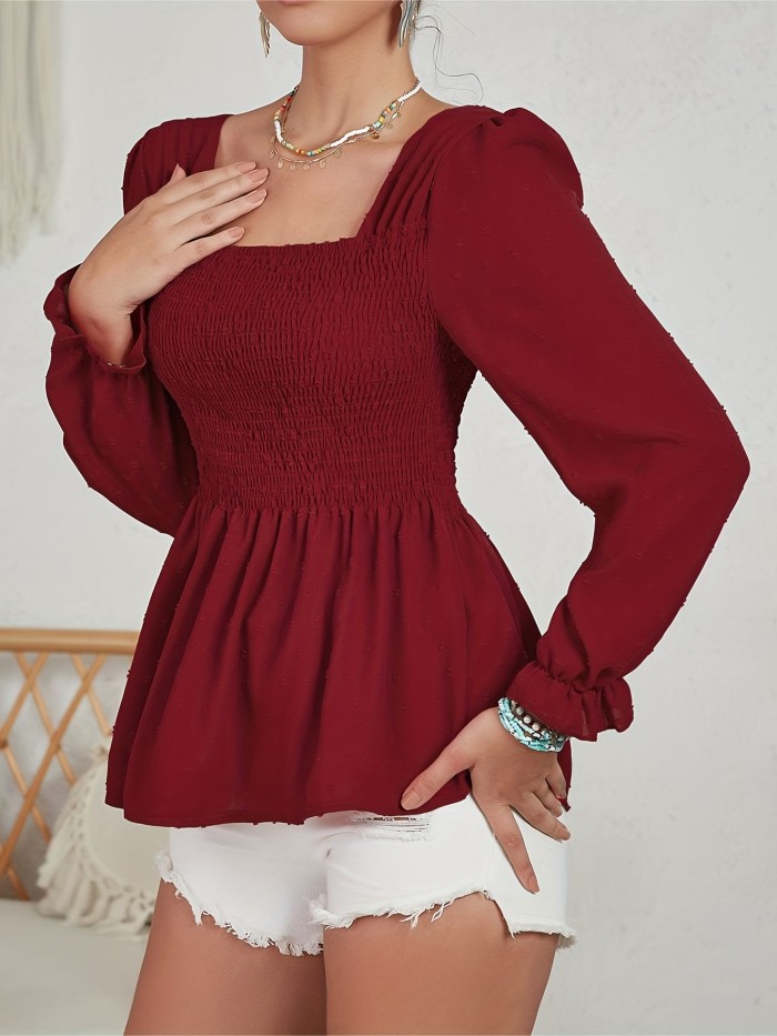 Textured Ruffle Hem Lantern Sleeve Blouse, Casual Solid Square Neck Blouse, Women's Clothing