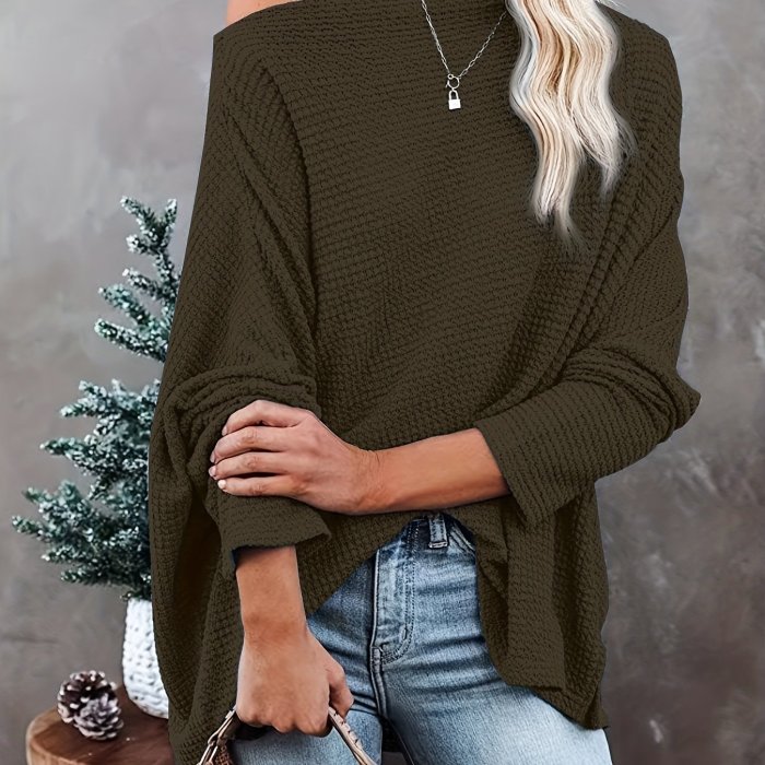 Women's Casual Off Shoulder Bat Long Sleeve Waffle Knitted Oversized Pullover Sweater, Casual Tops For Fall & Winter, Women's Clothing