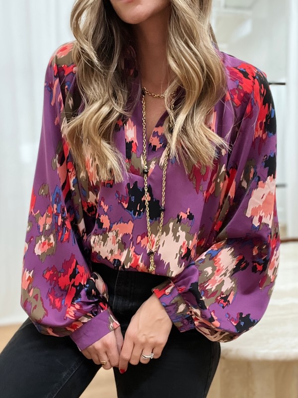 Ladies Graffiti Printed Puff Sleeve Blouses, V Neck Long Sleeve Blouses, Elegant & Stylish Tops For Office & Work, Women's Clothing