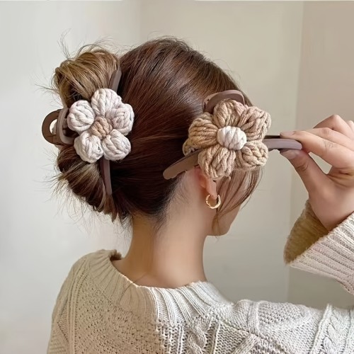 2pcs Knitted Floral Hair Claw Clip French Strong Hold Grip Hair Jaw Clip For Thick Hair Accessories