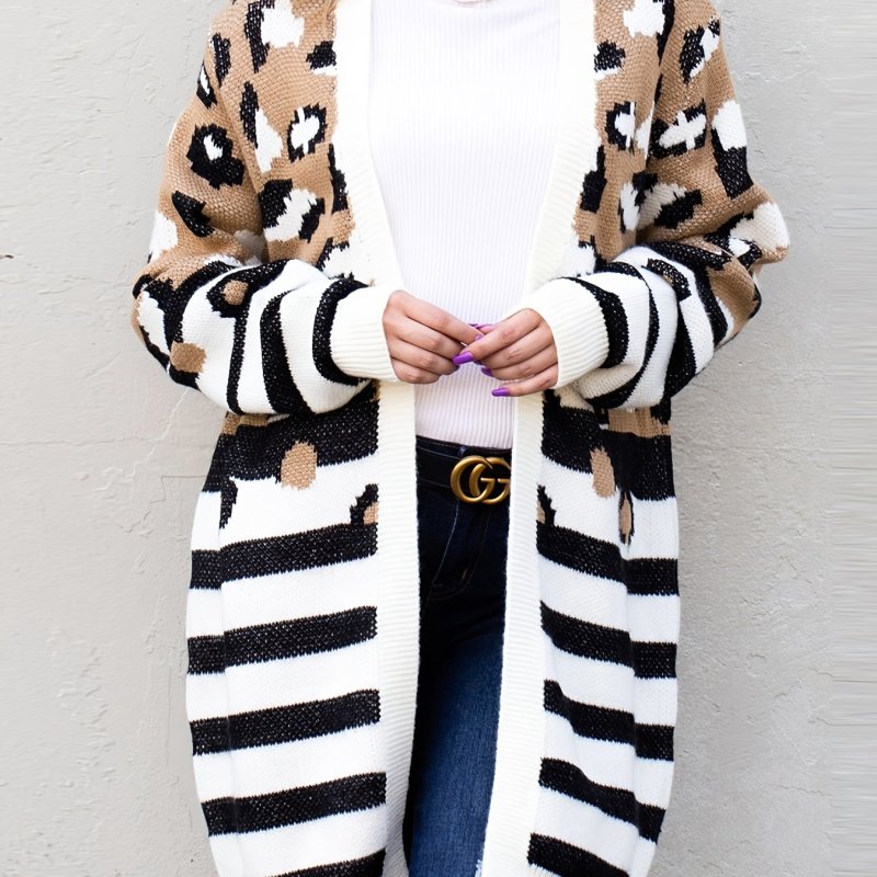 Striped Leopard Pattern Knit Cardigan, Casual Open Front Long Sleeve Sweater Coat, Women's Clothing
