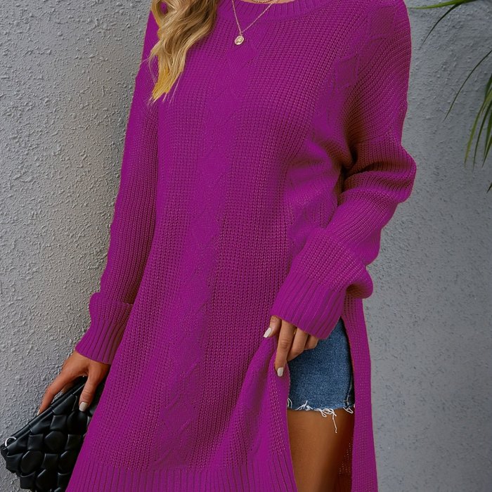 Split Mid Length Knit Sweater, Casual Crew Neck Long Sleeve Sweater, Women's Clothing