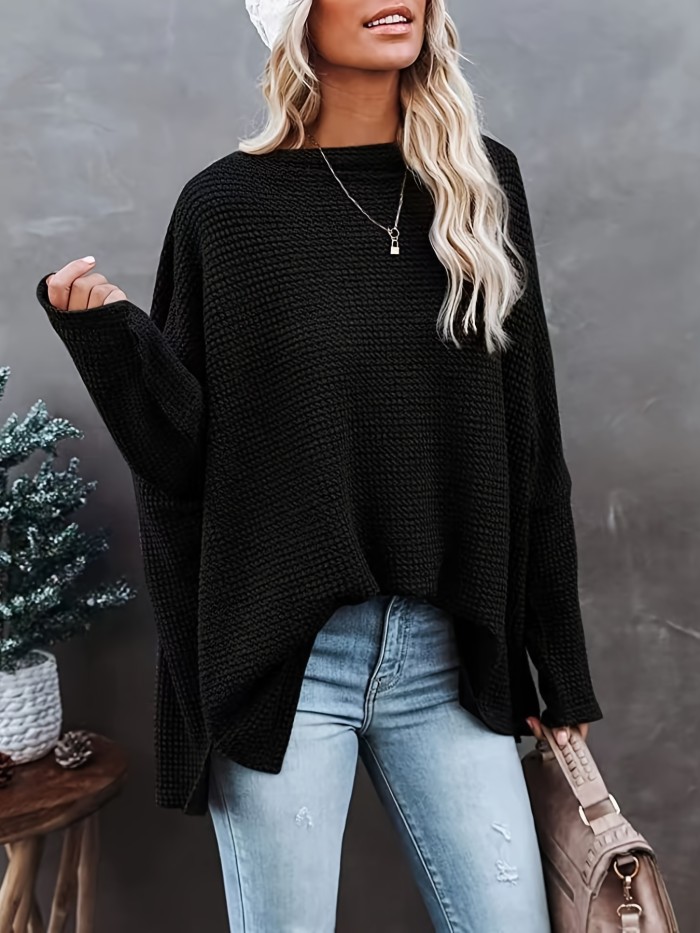 Women's Casual Off Shoulder Bat Long Sleeve Waffle Knitted Oversized Pullover Sweater, Casual Tops For Fall & Winter, Women's Clothing