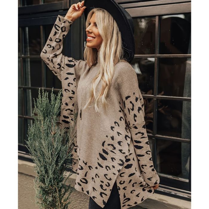 Loose Leopard Turtle Neck Sweater, Casual Long Sleeve Sweater, Casual Tops For Fall & Winter, Women's Clothing