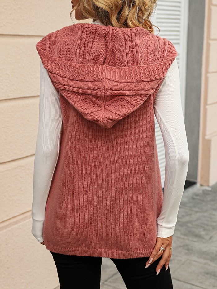 Twist Pattern Open Front Hooded Cardigan, Casual Sleeveless Mid Length Sweater, Women's Clothing