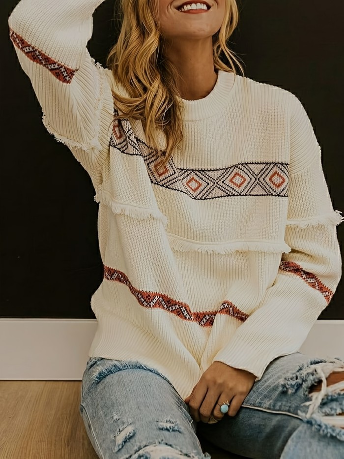 Geometric Pattern Tassel Pullover Sweater, Casual Long Sleeve Drop Shoulder Sweater, Women's Clothing