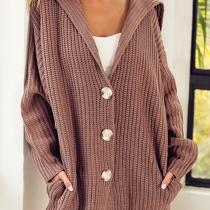 Solid Button Front Chunky Knit Cardigan, Casual Long Sleeve Loose Sweater Outerwear, Women's Clothing