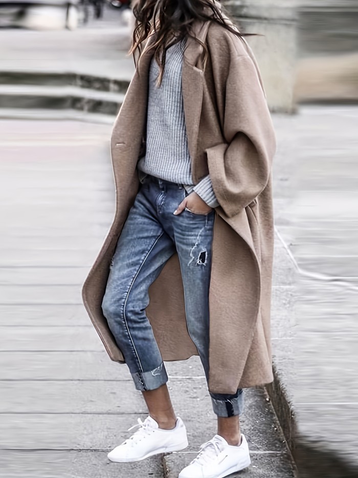 Plus Size Elegant Coat, Women's Plus Solid Long Sleeve Lapel Collar Single Breasted Longline Overcoat