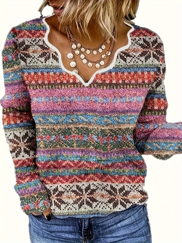 Ethnic Pattern V Neck Pullover Sweater, Vintage Long Sleeve Loose Thin Sweater, Women's Clothing