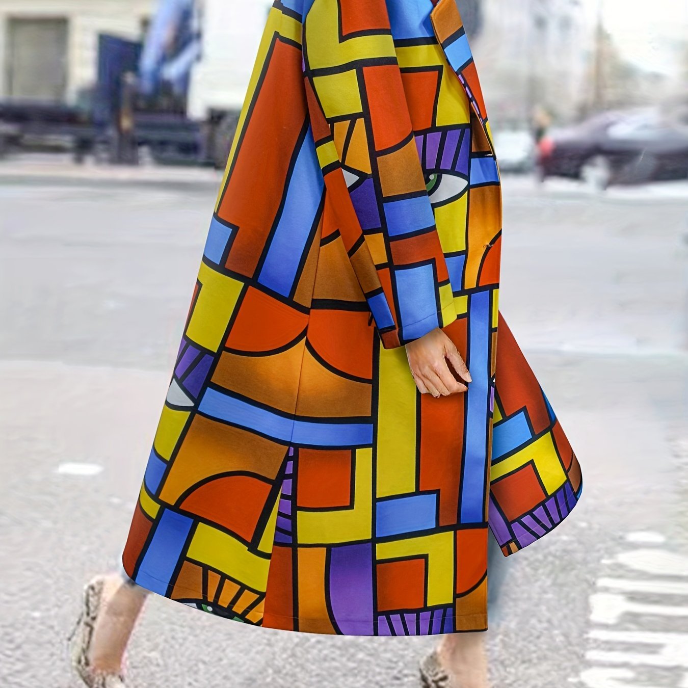 Fashion geometric print color loose wool long coat main image 0