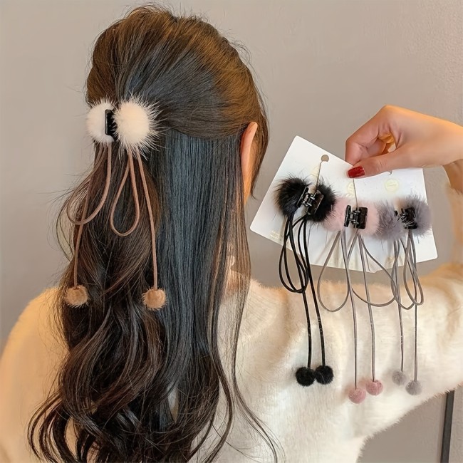 1pc Furry Ball Tassel Hair Claw Clip Black Bow Hair Jaw Clamp Non Slip Hair Clips Hair Grip Autumn Winter Hair Accessories For Women Girls