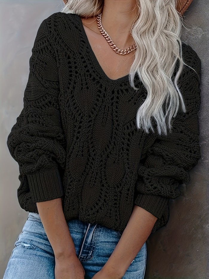 Cut Out V Neck Sweater, Casual Long Sleeve Sweater For Fall & Winter, Women's Clothing