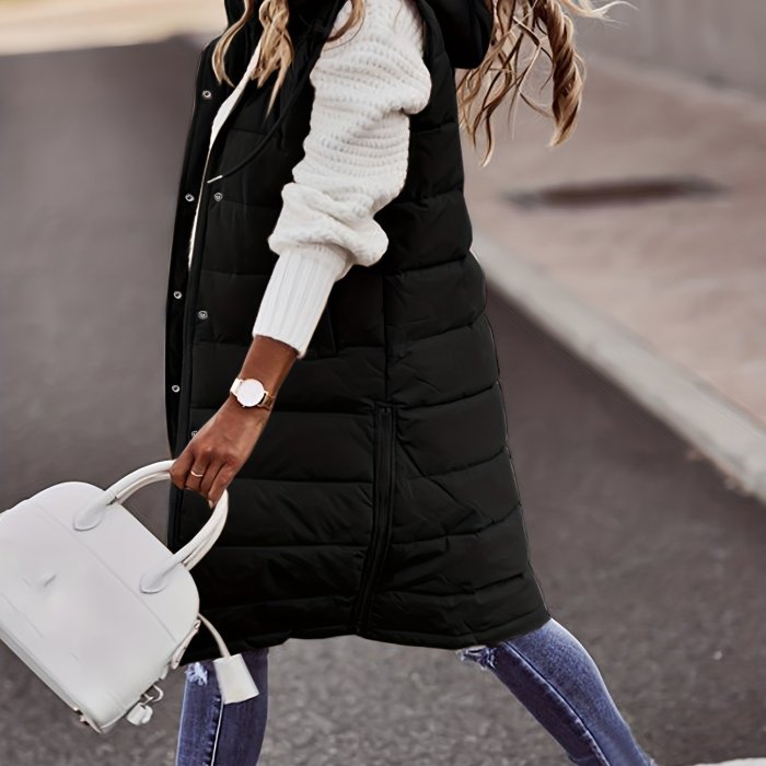 Hooded Sleeveless Coat, Casual Long Length Versatile Winter Warm Outerwear, Women's Clothing