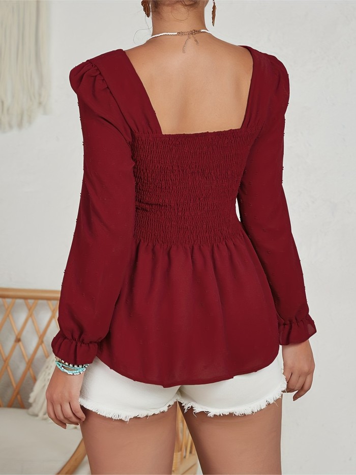 Textured Ruffle Hem Lantern Sleeve Blouse, Casual Solid Square Neck Blouse, Women's Clothing