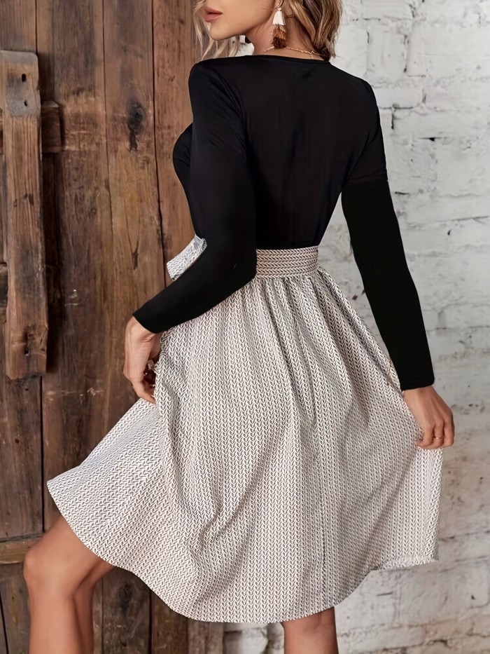 Colorblock Belted Pleated Dress, Casual Long Sleeve Dress For Spring & Fall, Women's Clothing