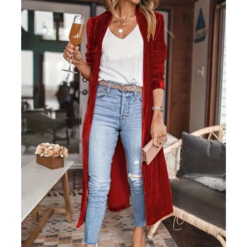 Plus Size Elegant Top, Women's Plus Solid Velvet Long Sleeve Open Front Medium Stretch Longline Cardigan