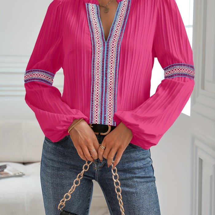 Colorful Lace Stitching Blouse, Casual Long Sleeve Blouse For Spring & Fall, Women's Clothing