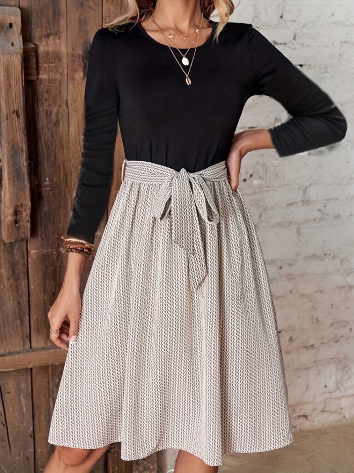 Colorblock Belted Pleated Dress, Casual Long Sleeve Dress For Spring & Fall, Women's Clothing