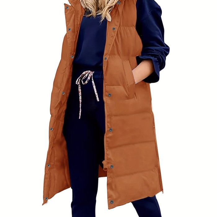 Hooded Sleeveless Coat, Button Front Long Length Casual Warm Outerwear, Women's Clothing