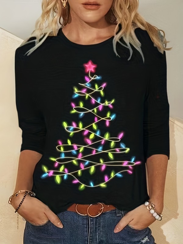 Christmas Tree Print Crew Neck T-Shirt, Casual Long Sleeve T-Shirt For Spring & Fall